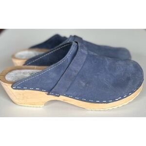 Vintage Blue Nubuck Slip On Wooden Clogs Mules 37